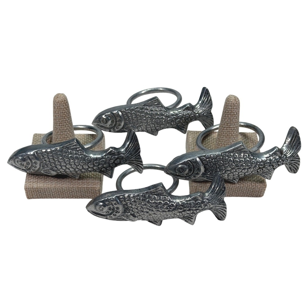 Fish Napkin Ring Set‎ Vintage Silver Pewter Metal Set of 4 Coastal Nautical